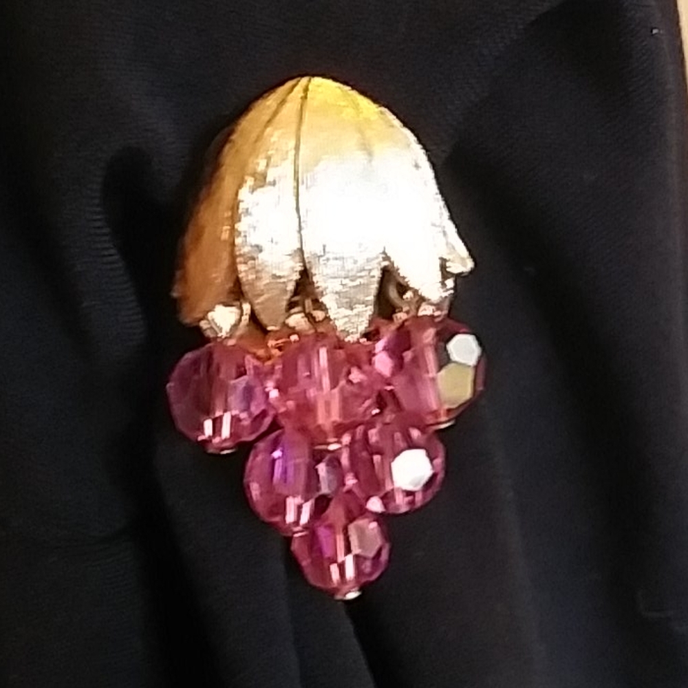 Pink Aurora Borealis & Gold Tone Clip On Earrings